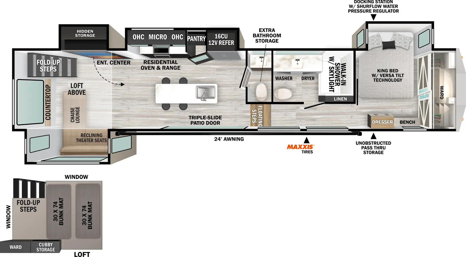 The Impression 44STAY floorplan has one entry and four slide outs. Exterior features include: fiberglass exterior and 24' awning. Interiors features include: loft, kitchen island, front bedroom, rear living and bathroom and a half.